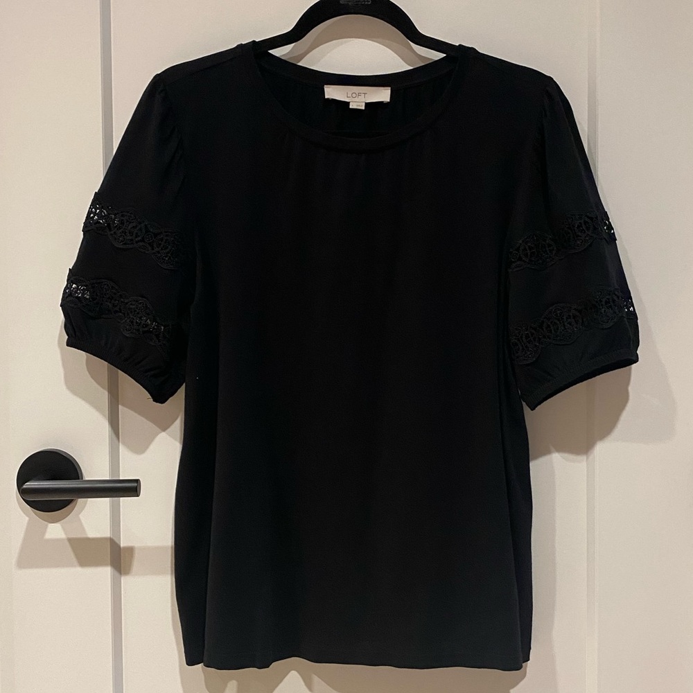 LOFT Black Puff Sleeve T-Shirt with Lace Details